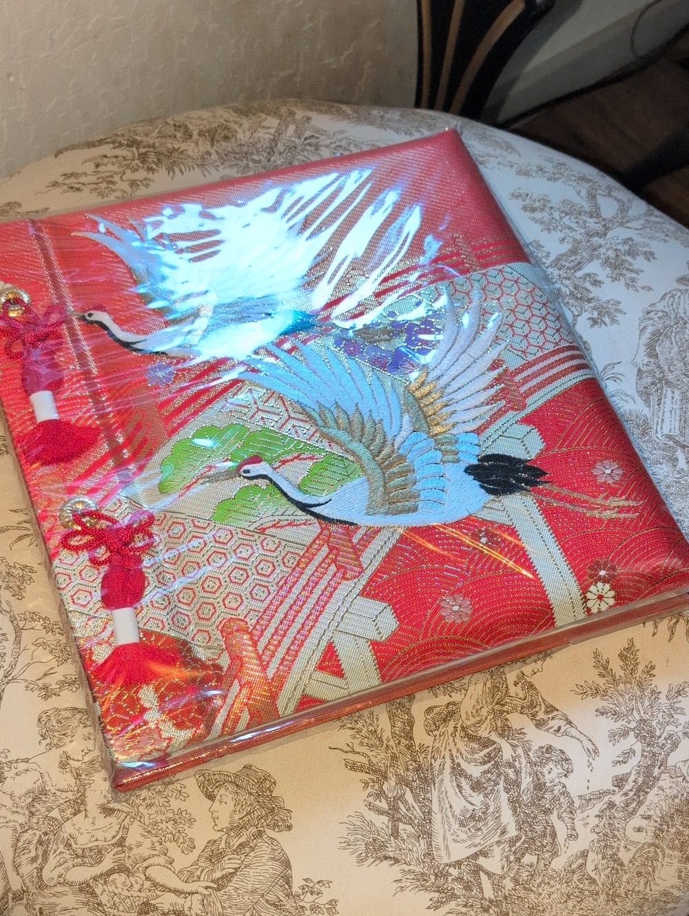 Red Embroidered Crane Kimono Fabric Panel